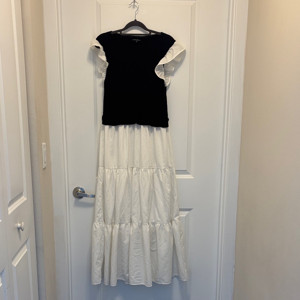 By The River Black and White Ruffle Dress faux sweater vest Anthropologie L maxi